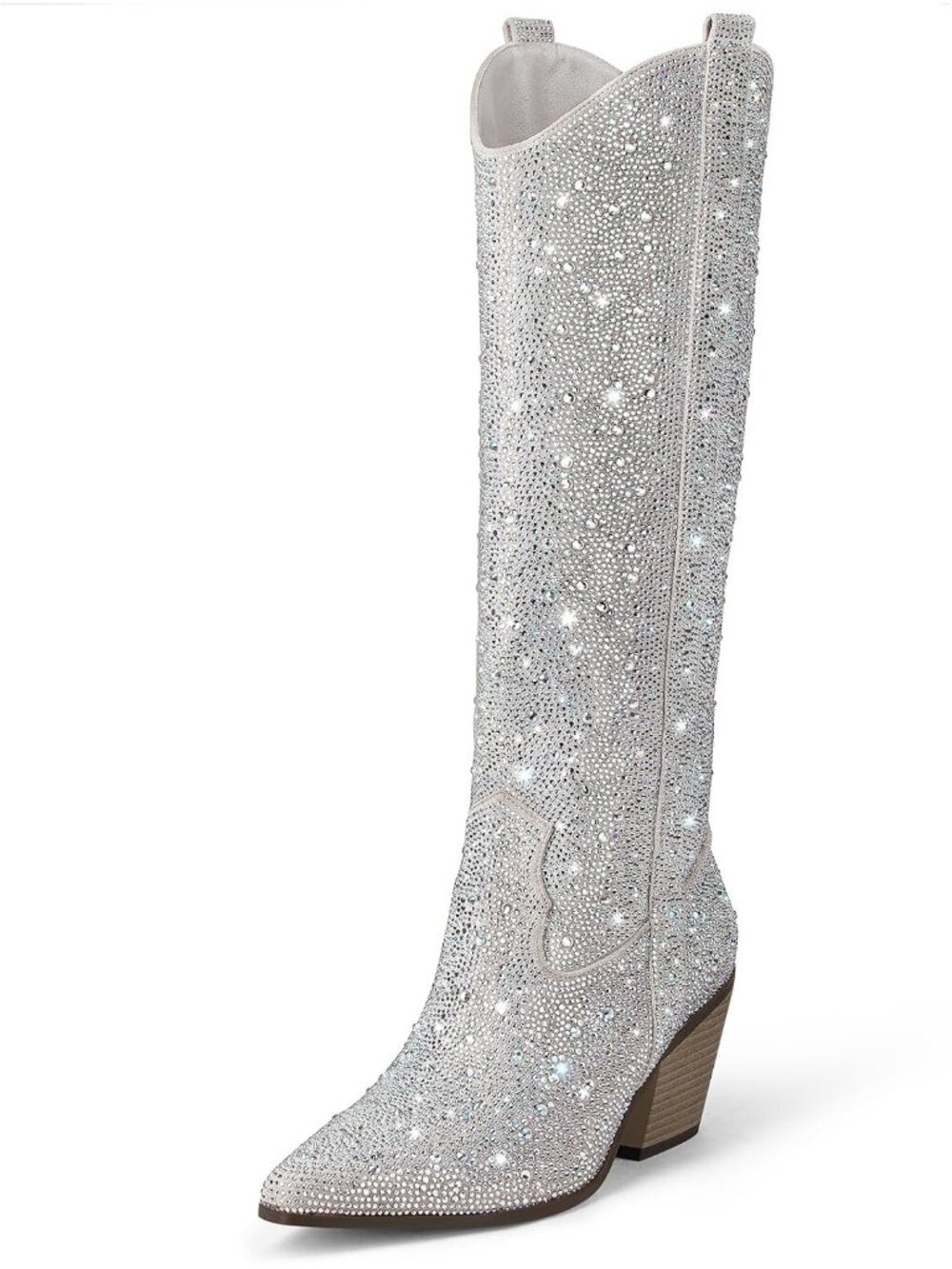 Women's Silver Dazzling Rhinestone Sparkly Block Heel Glitter Knee-High Boots